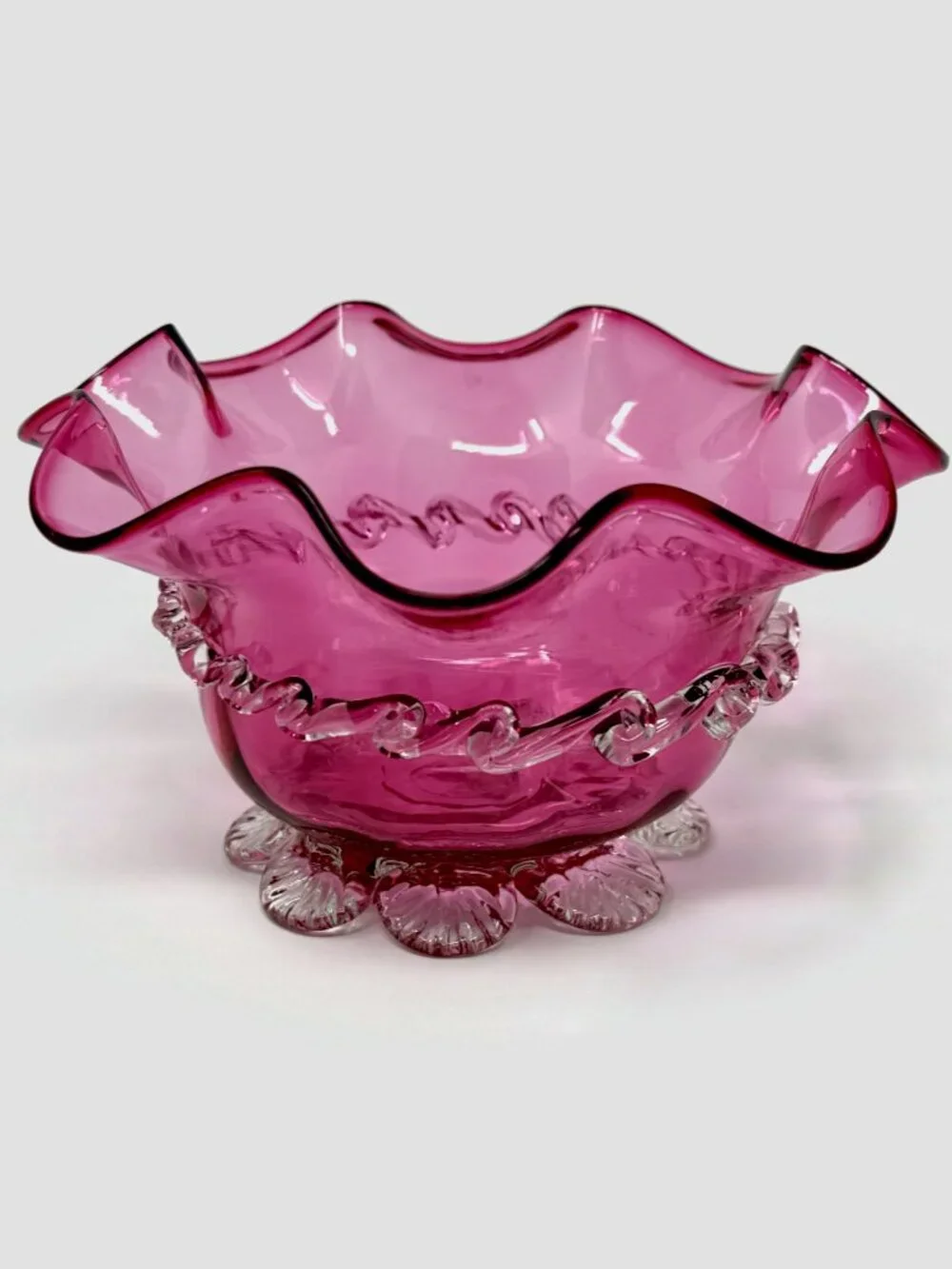 Victorian Cranberry Pink Art Glass Ruffled Bowl - Rigaree Trim & Shell Feet
